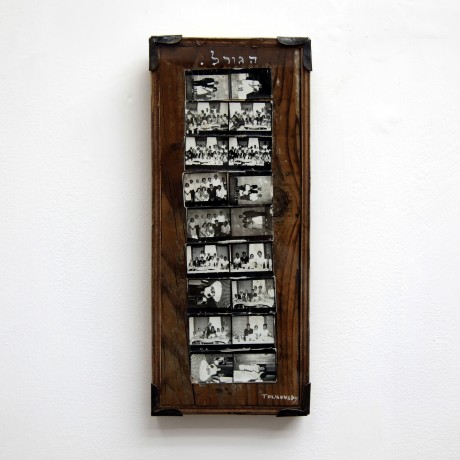 homage to the Goral Community, mixed media, b&w contact sheets (unknown photographer), wood board, 1980's