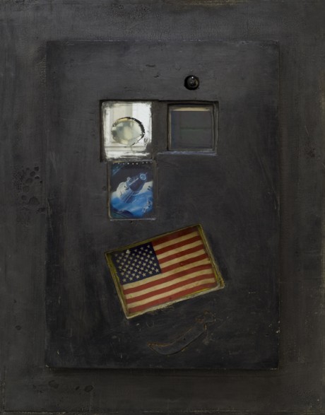 the inthused observer, mixed media, US flag, mirror, hologram, 80's